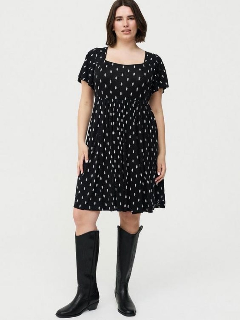 Black Square-Neck Flutter Sleeve Dress with White Dot Print
